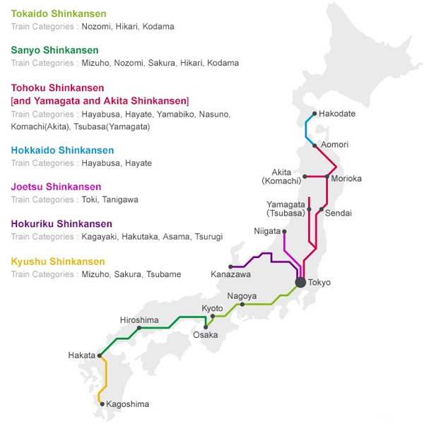 Trong hình là bản đồ các tuyến đi của Shinkansen