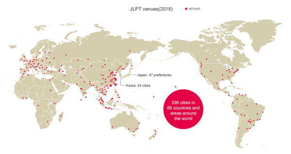 2018 có 296 thành phố và 86 quốc gia tổ chức thi JLPT
